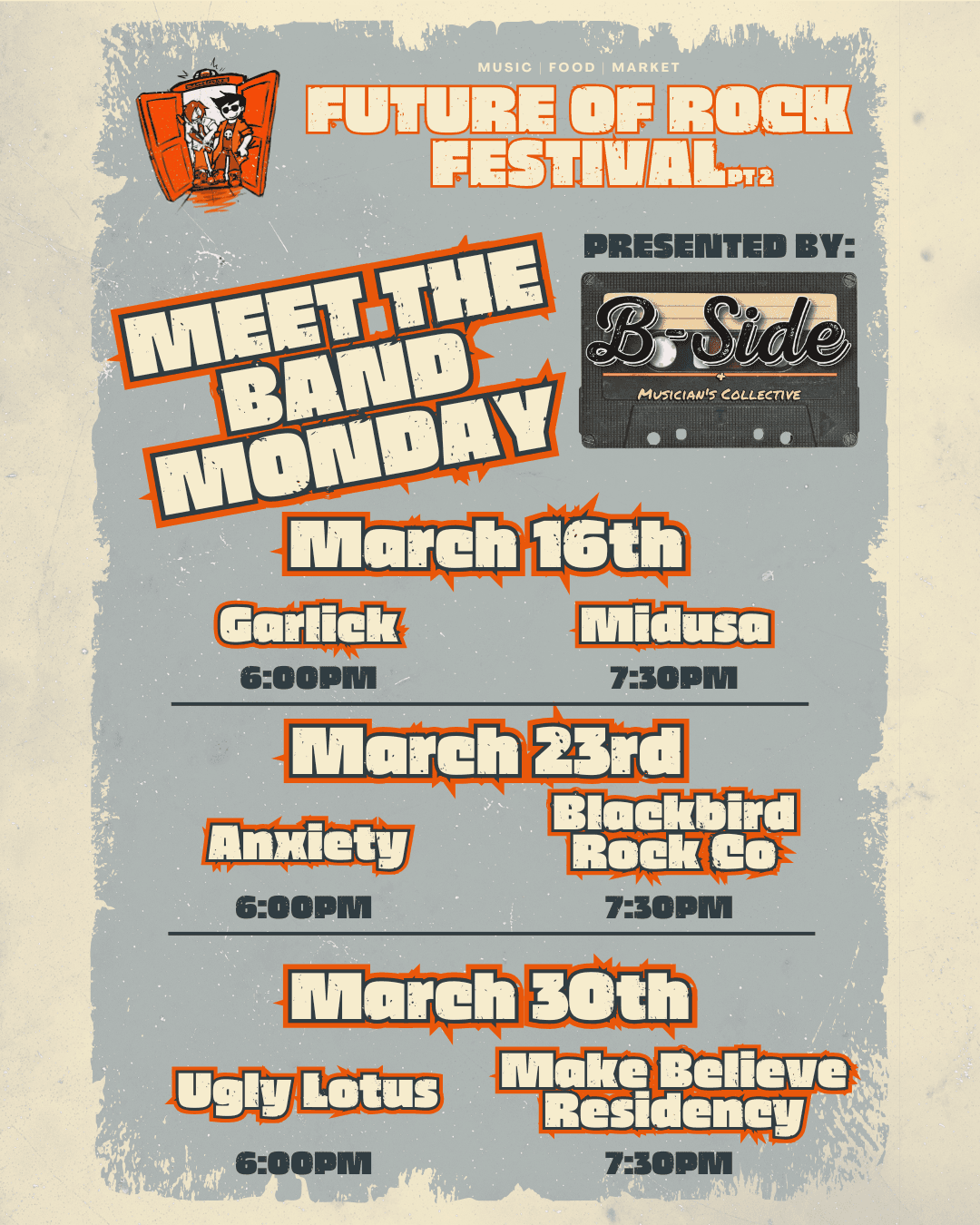 Meet the Band Mondays flyer — March 16, 23, and 30 at B-Side Bar